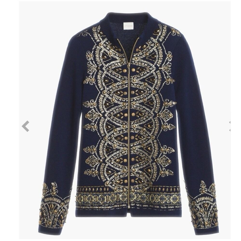 Chico’s Demitria Cardigan Navy Gold Beaded Embroidered Zip Jacket Sz 1 - Picture 5 of 14